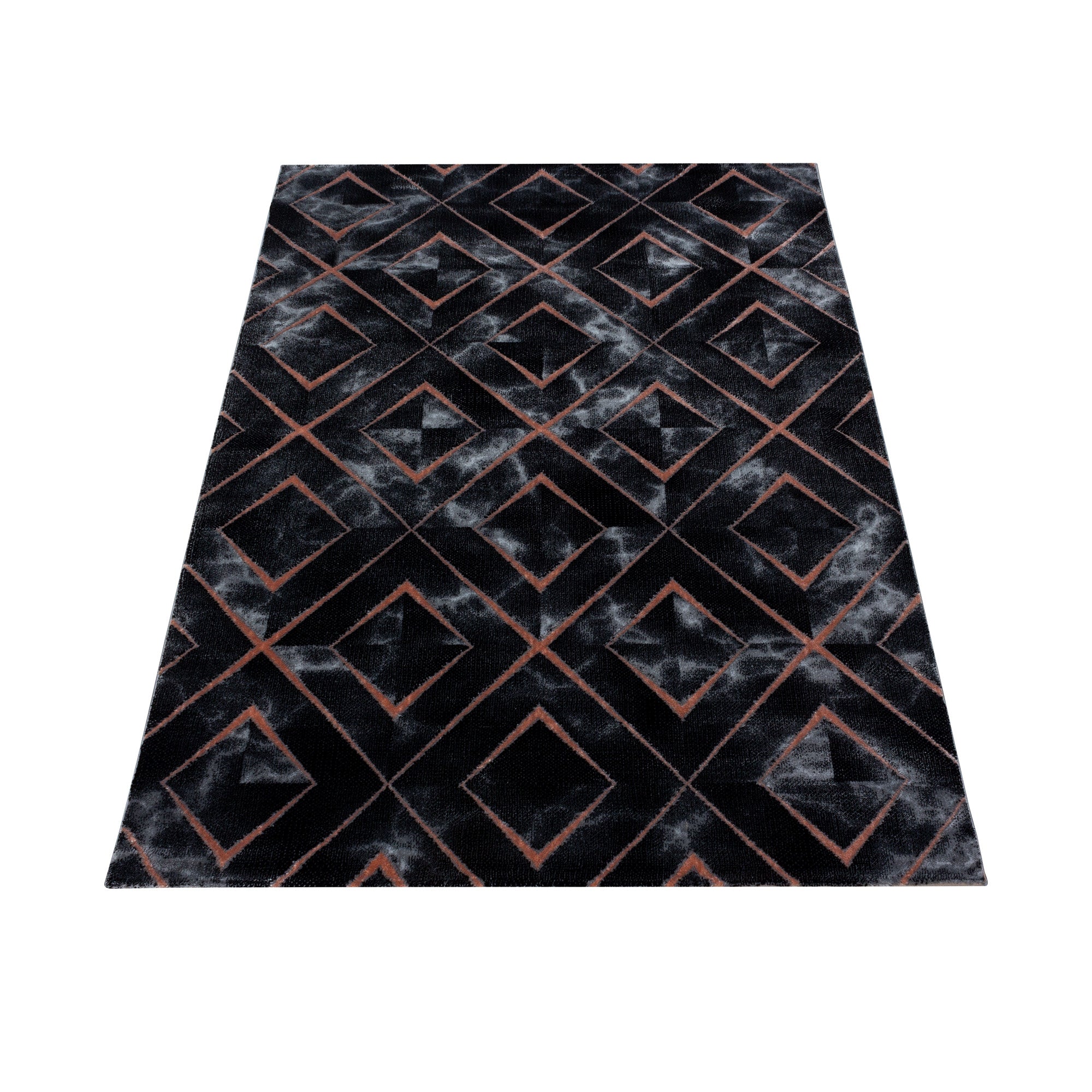 Kurzflor Design Teppich Wohnzimmerteppich Dunkel Marmoriert Rauten Karo Bronze