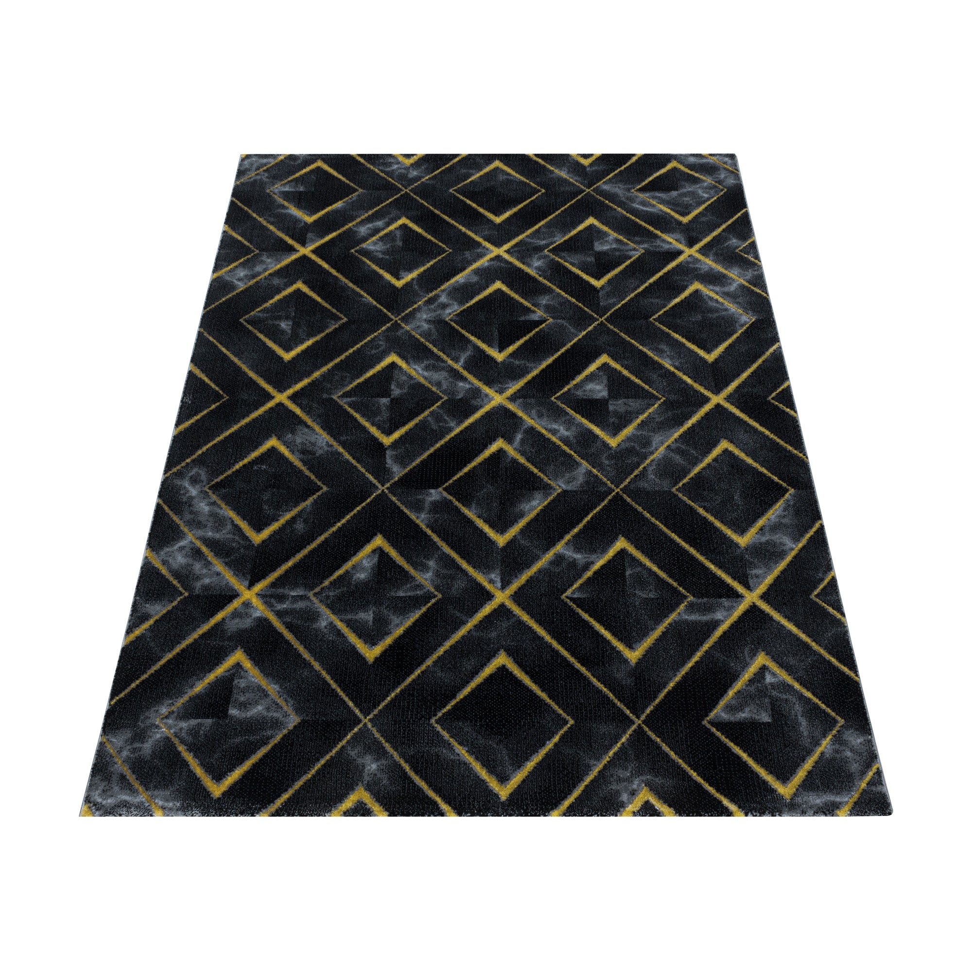 Kurzflor Design Teppich Wohnzimmerteppich Dunkel Marmoriert Rauten Karo Gold
