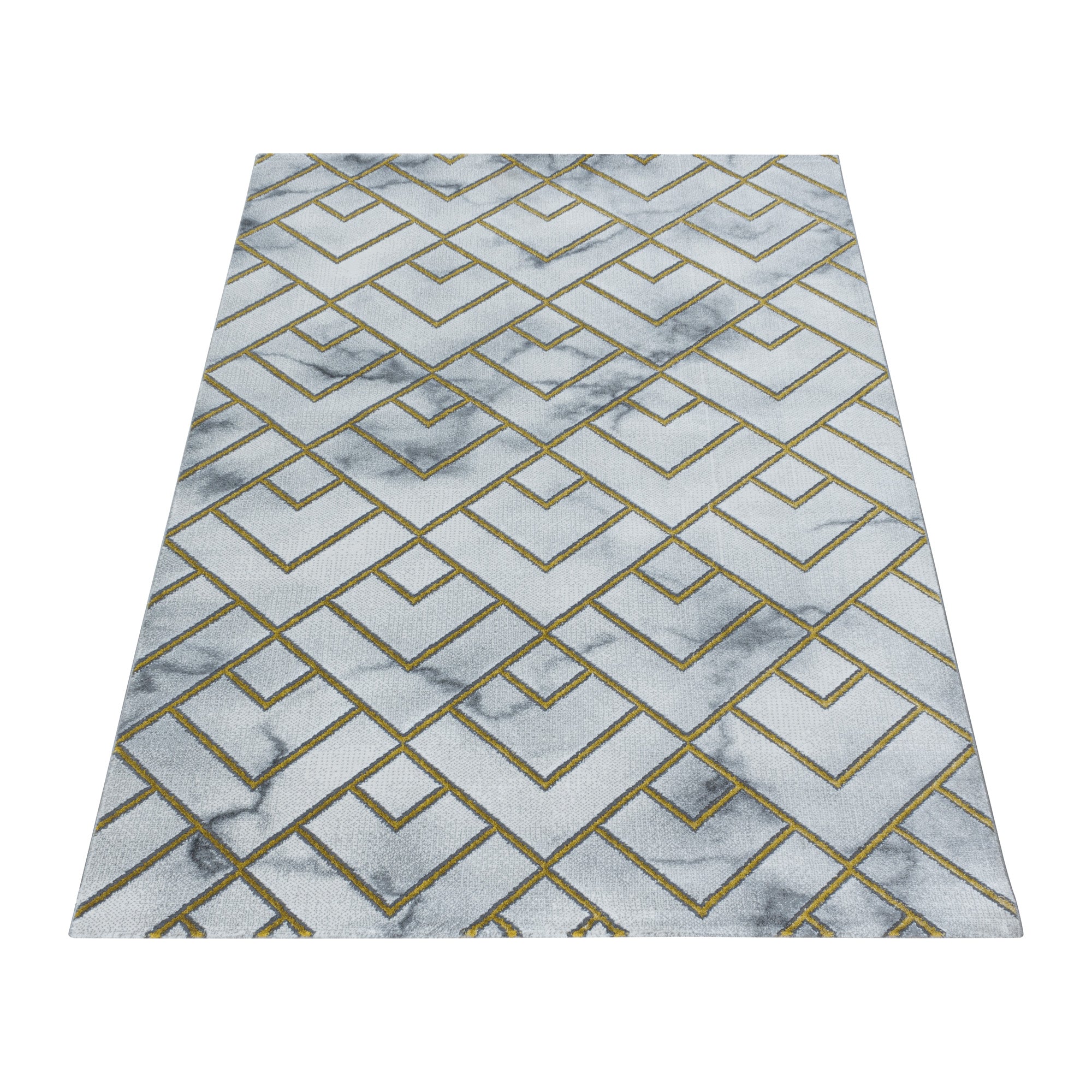 Kurzflor Design Teppich Wohnzimmerteppich Muster Marmoriert Linien Karo Gold