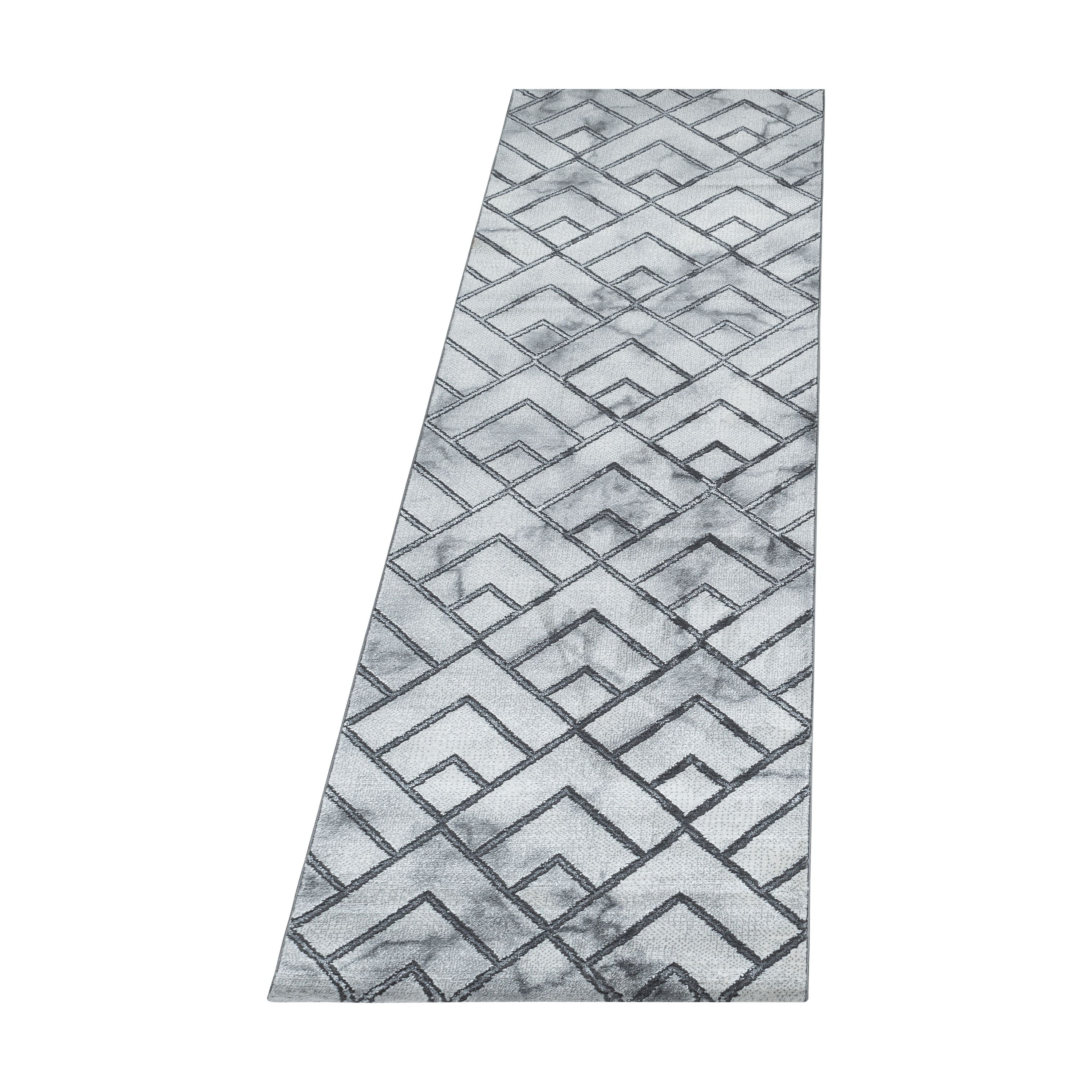 Bettumrandung Teppich Kurzflor 3D Linien Marmoriert Design Schlafzimmer 12 mm Florhöhe Hochfertig Weich Rechteckig 3 Teile Läufer Creme Silber