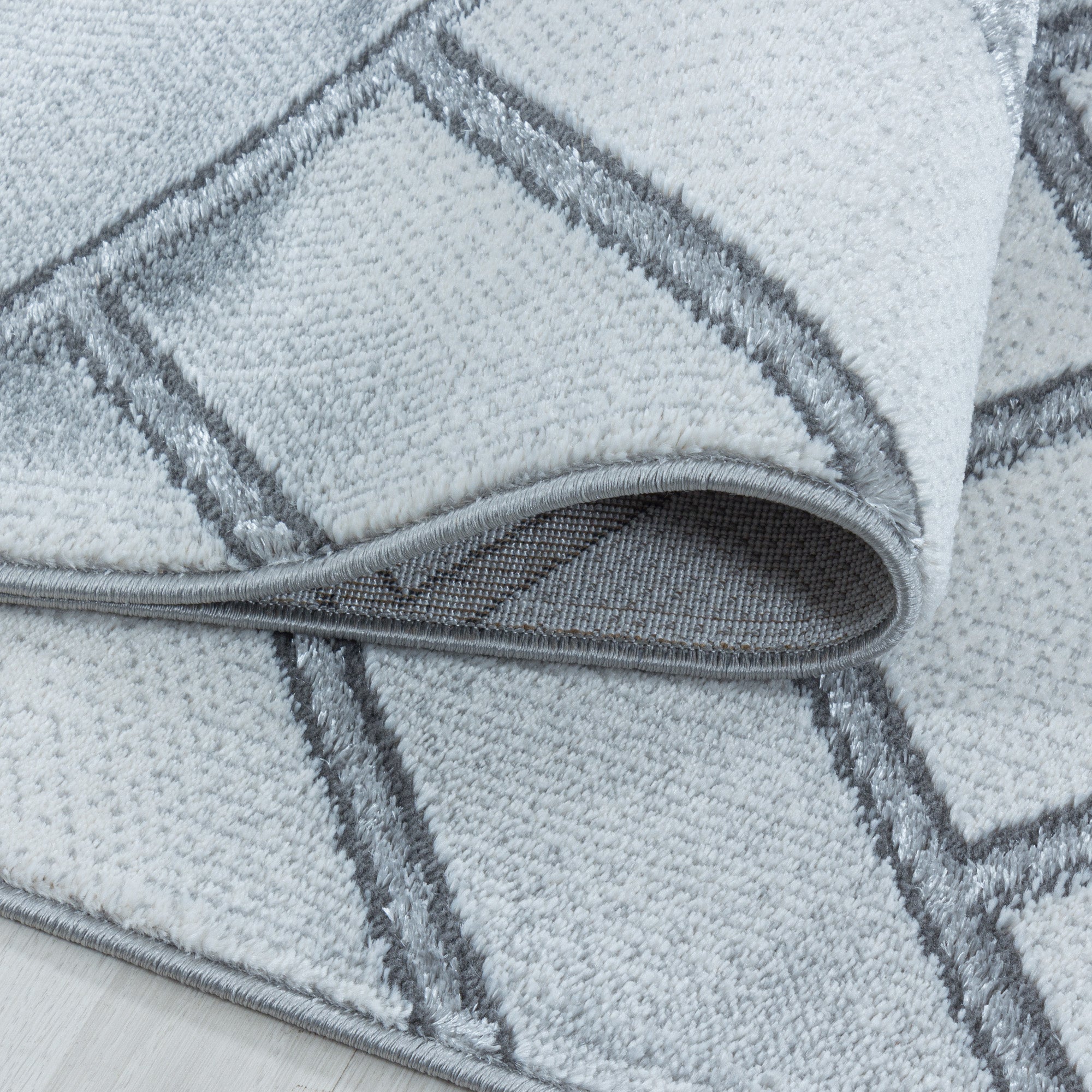 Bettumrandung Teppich Kurzflor 3D Linien Marmoriert Design Schlafzimmer 12 mm Florhöhe Hochfertig Weich Rechteckig 3 Teile Läufer Creme Silber