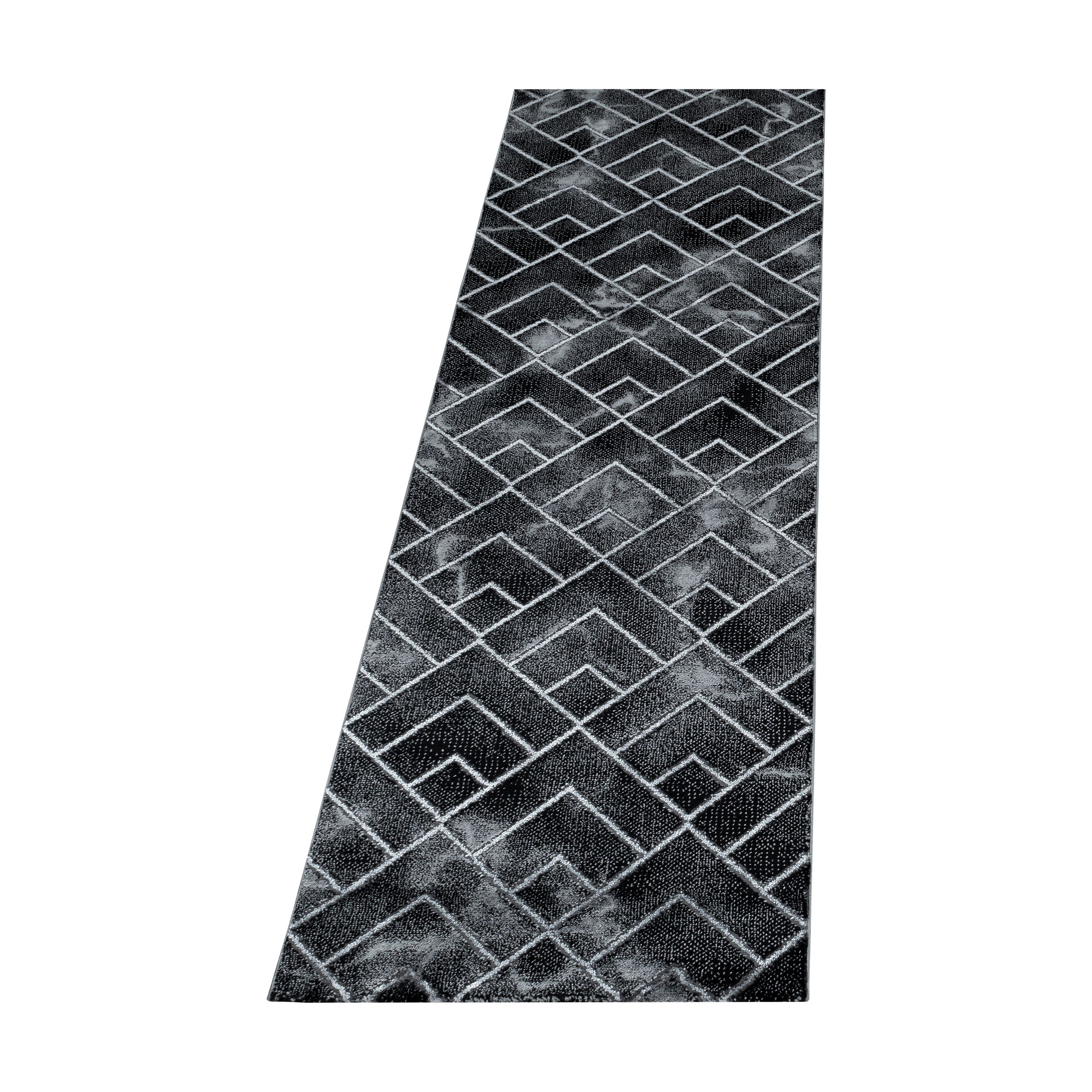 Bettumrandung Teppich Kurzflor 3D Linien Marmoriert Design Schlafzimmer 12 mm Florhöhe Hochfertig Weich Rechteckig 3 Teile Läufer Schwarz Silber