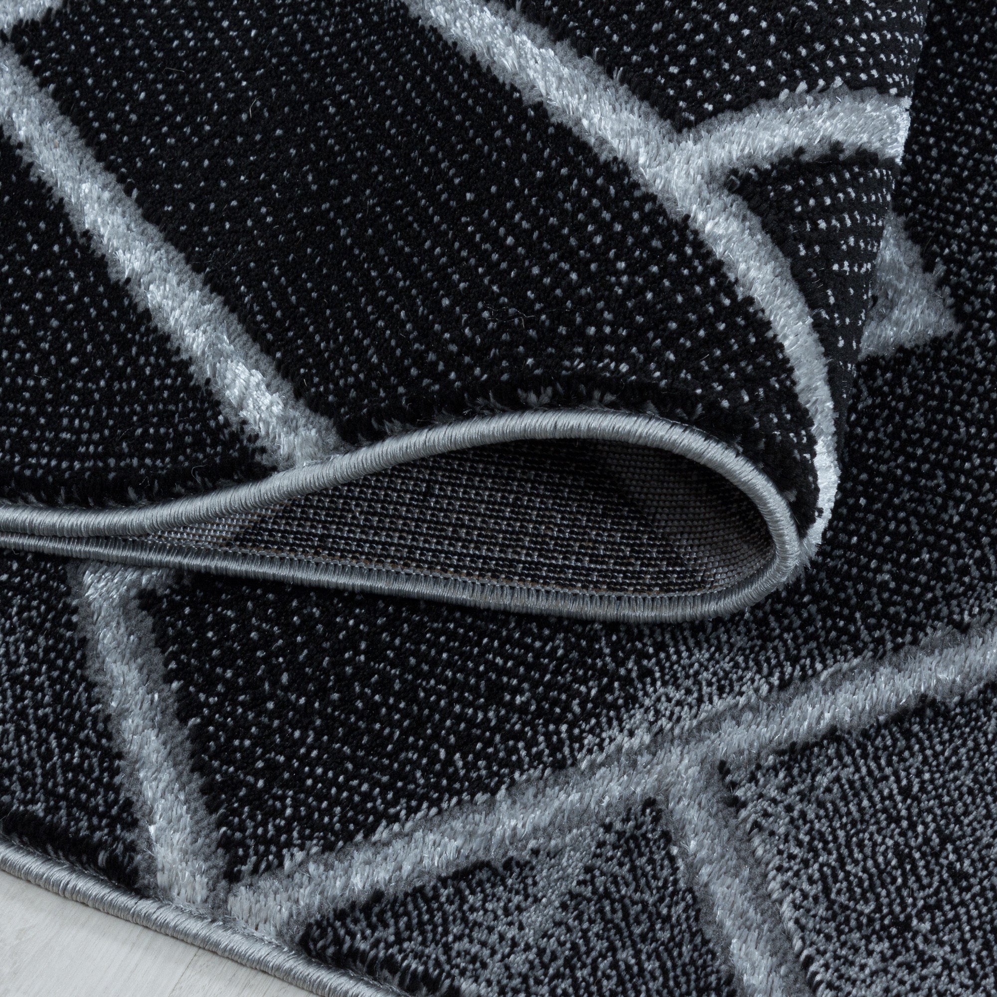 Bettumrandung Teppich Kurzflor 3D Linien Marmoriert Design Schlafzimmer 12 mm Florhöhe Hochfertig Weich Rechteckig 3 Teile Läufer Schwarz Silber