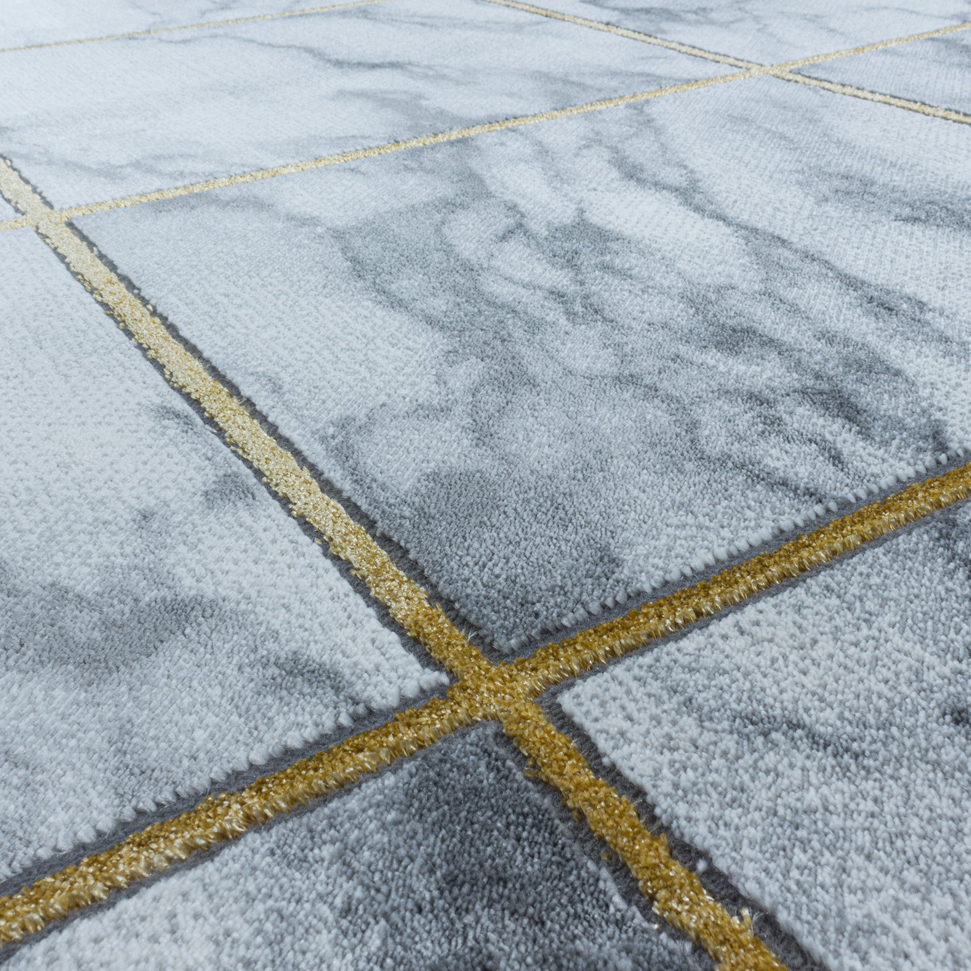 Bettumrandung Teppich Kurzflor 3D Kariert Marmoriet Design Schlafzimmer 12 mm Florhöhe Hochfertig Weich Rechteckig 3 Teile Läufer Creme Gold