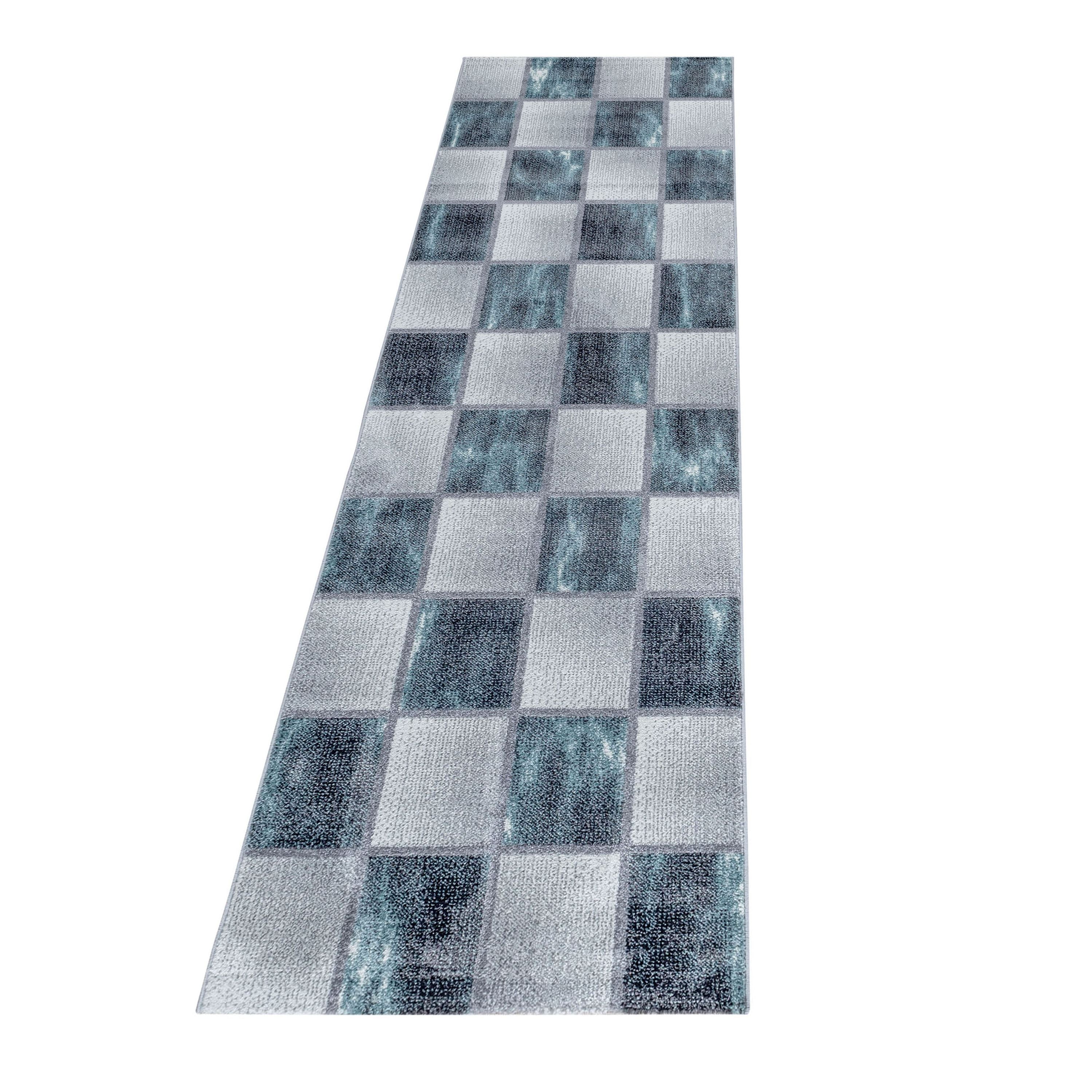 Kurzflor Teppich Bettset Blau Grau Quadrat Muster Marmoriert 3 Teile Läufer Soft