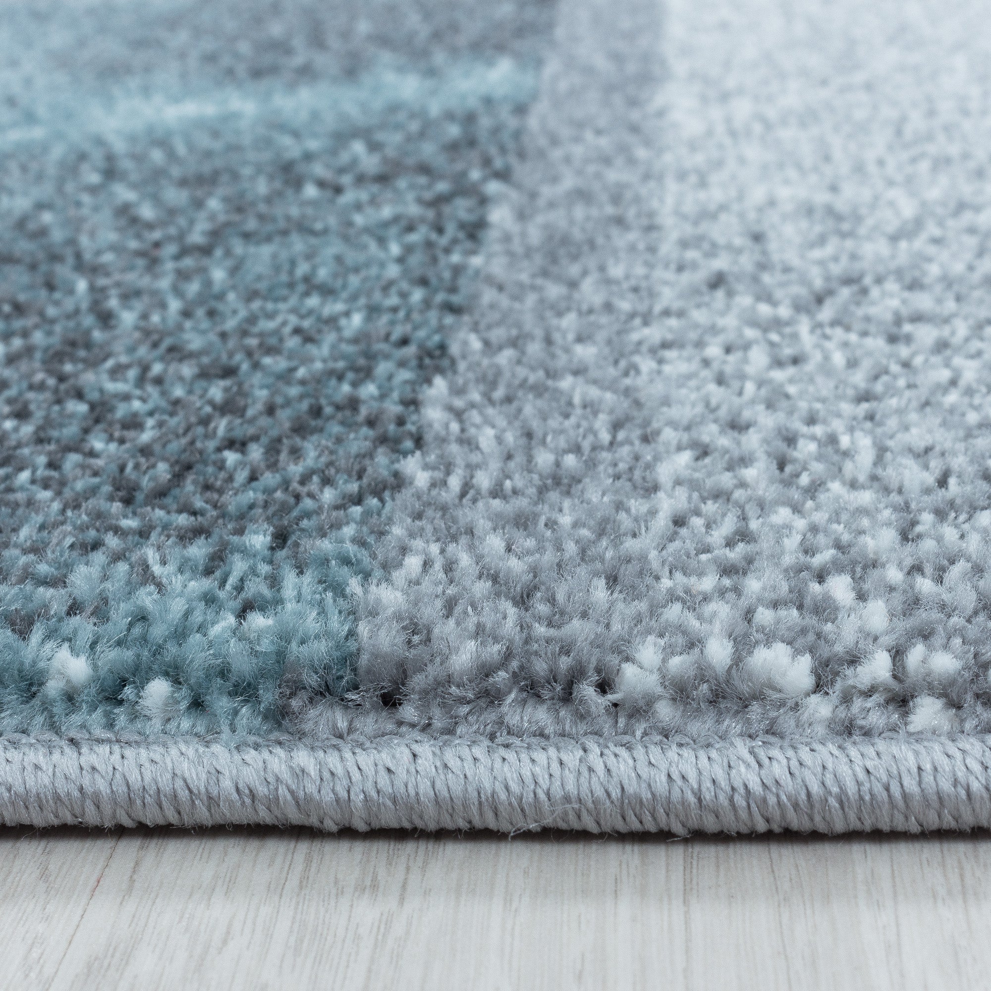 Kurzflor Teppich Bettset Blau Grau Quadrat Muster Marmoriert 3 Teile Läufer Soft