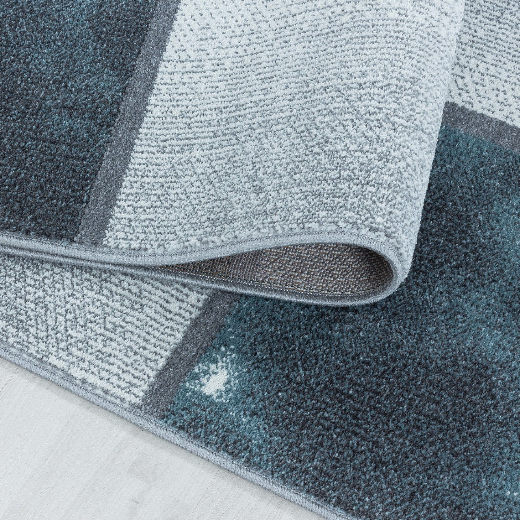 Kurzflor Teppich Bettset Blau Grau Quadrat Muster Marmoriert 3 Teile Läufer Soft