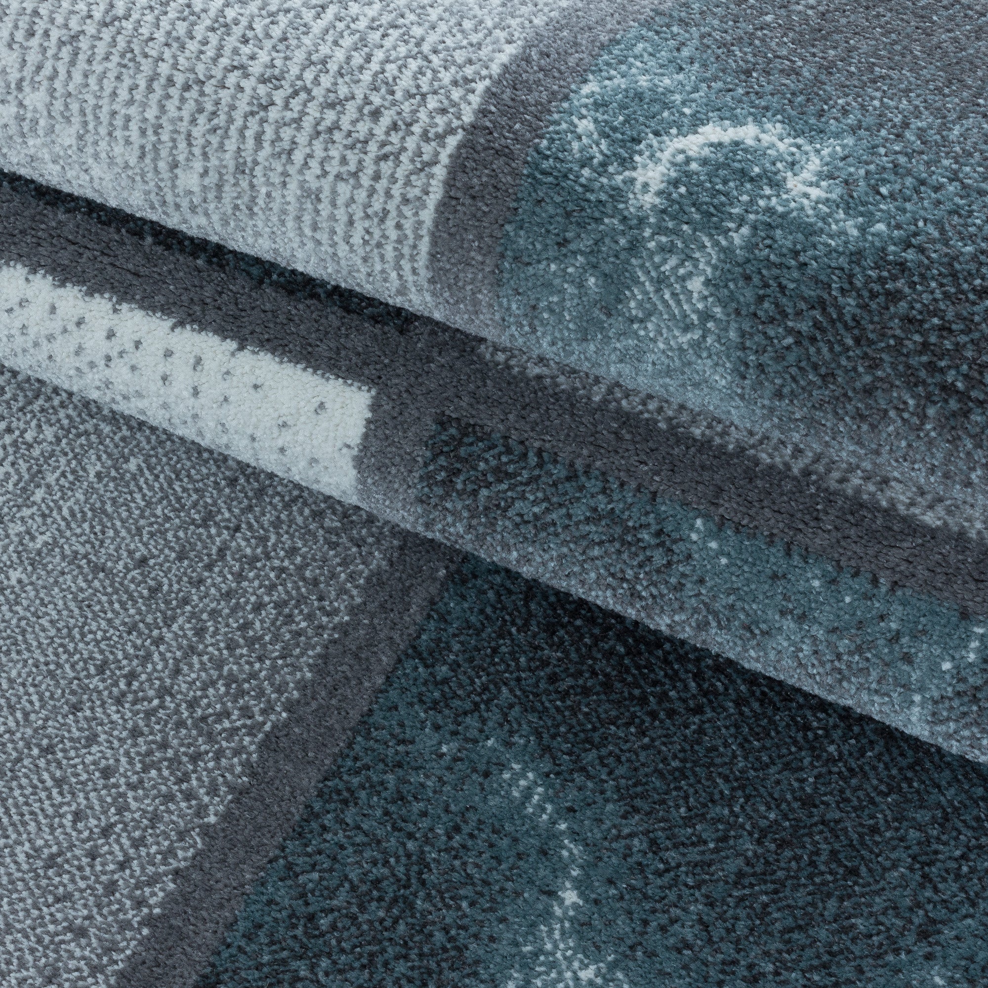 Kurzflor Teppich Bettset Blau Grau Quadrat Muster Marmoriert 3 Teile Läufer Soft