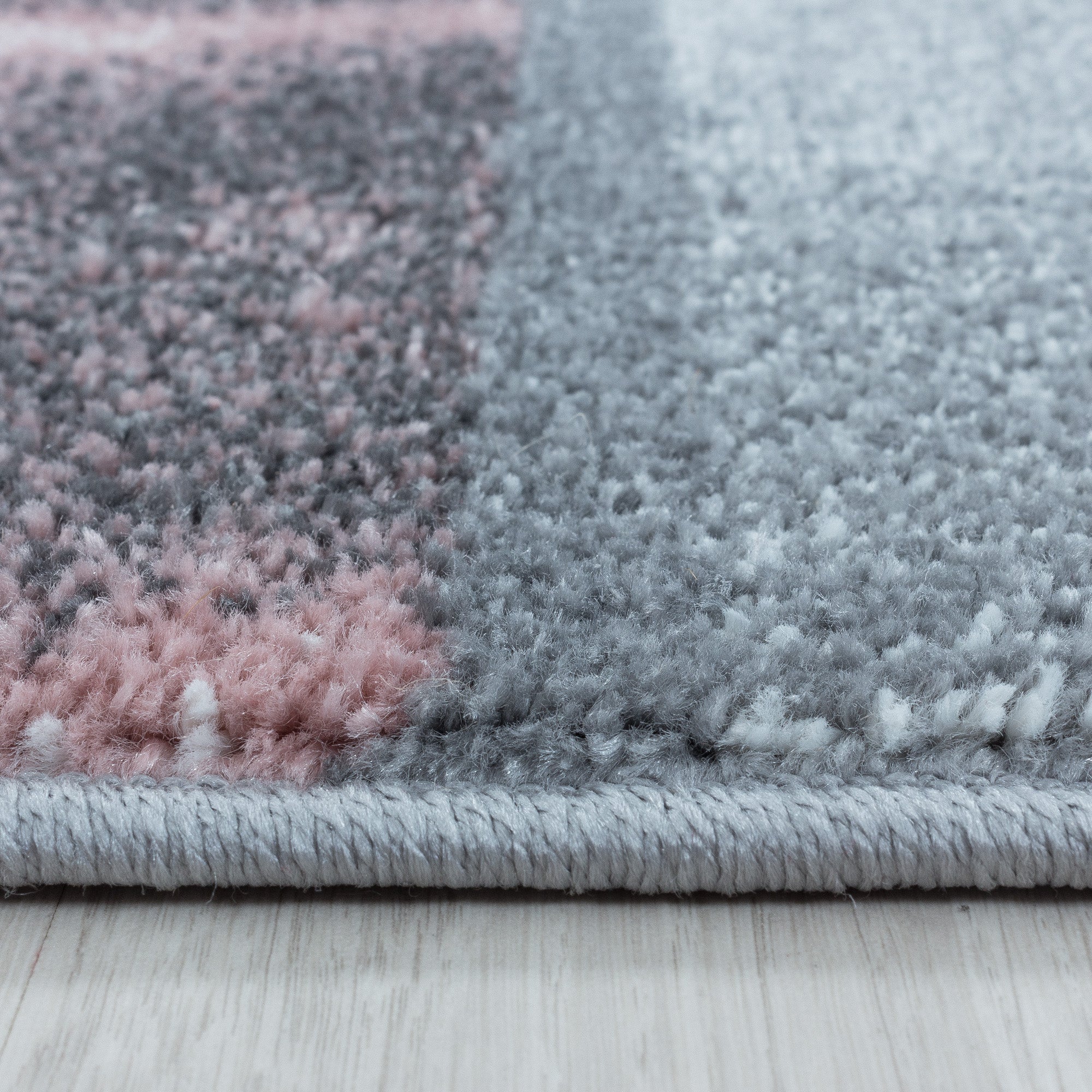 Kurzflor Teppich Bettset Rosa Grau Quadrat Muster Marmoriert 3 Teile Läufer Set