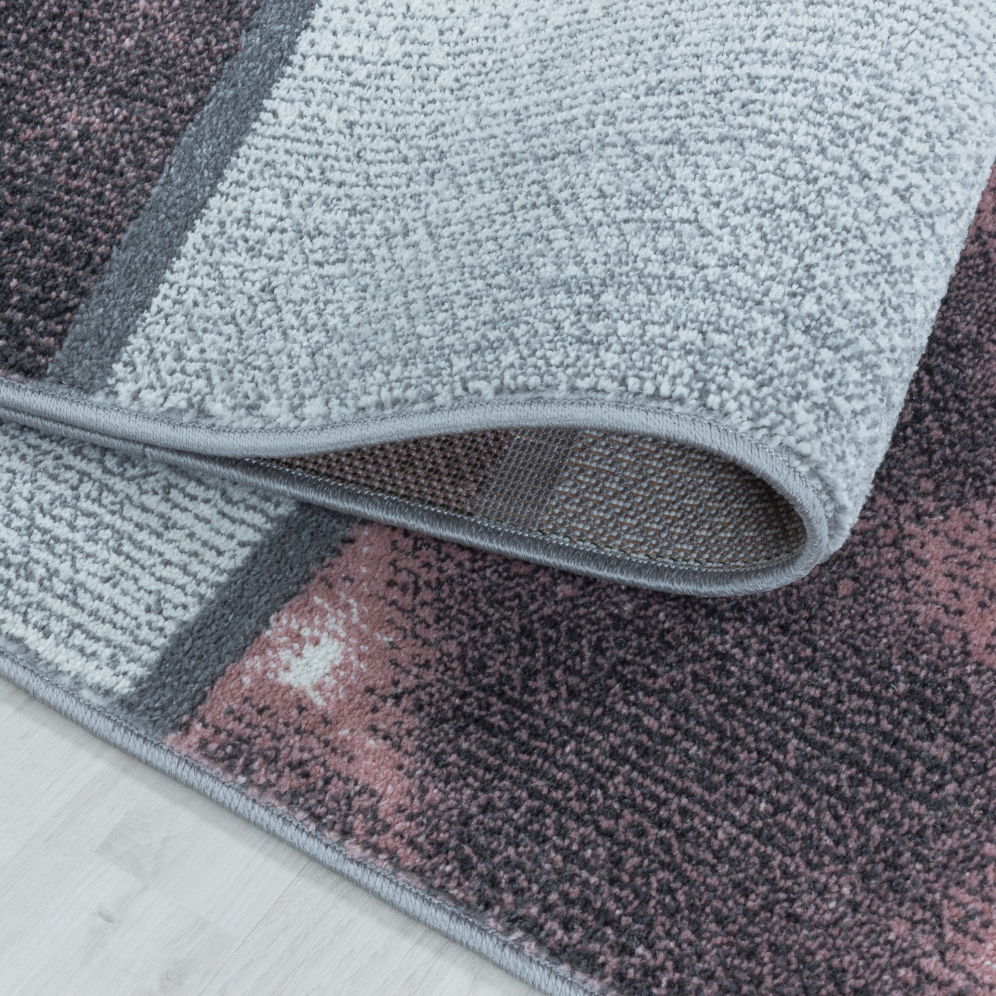 Kurzflor Teppich Bettset Rosa Grau Quadrat Muster Marmoriert 3 Teile Läufer Set