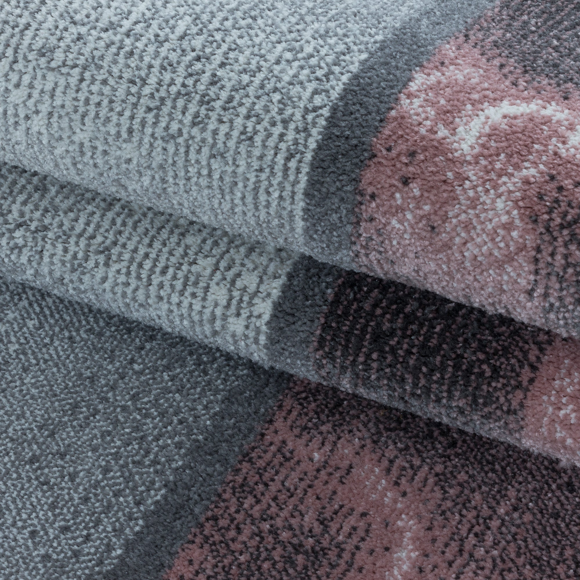 Kurzflor Teppich Bettset Rosa Grau Quadrat Muster Marmoriert 3 Teile Läufer Set