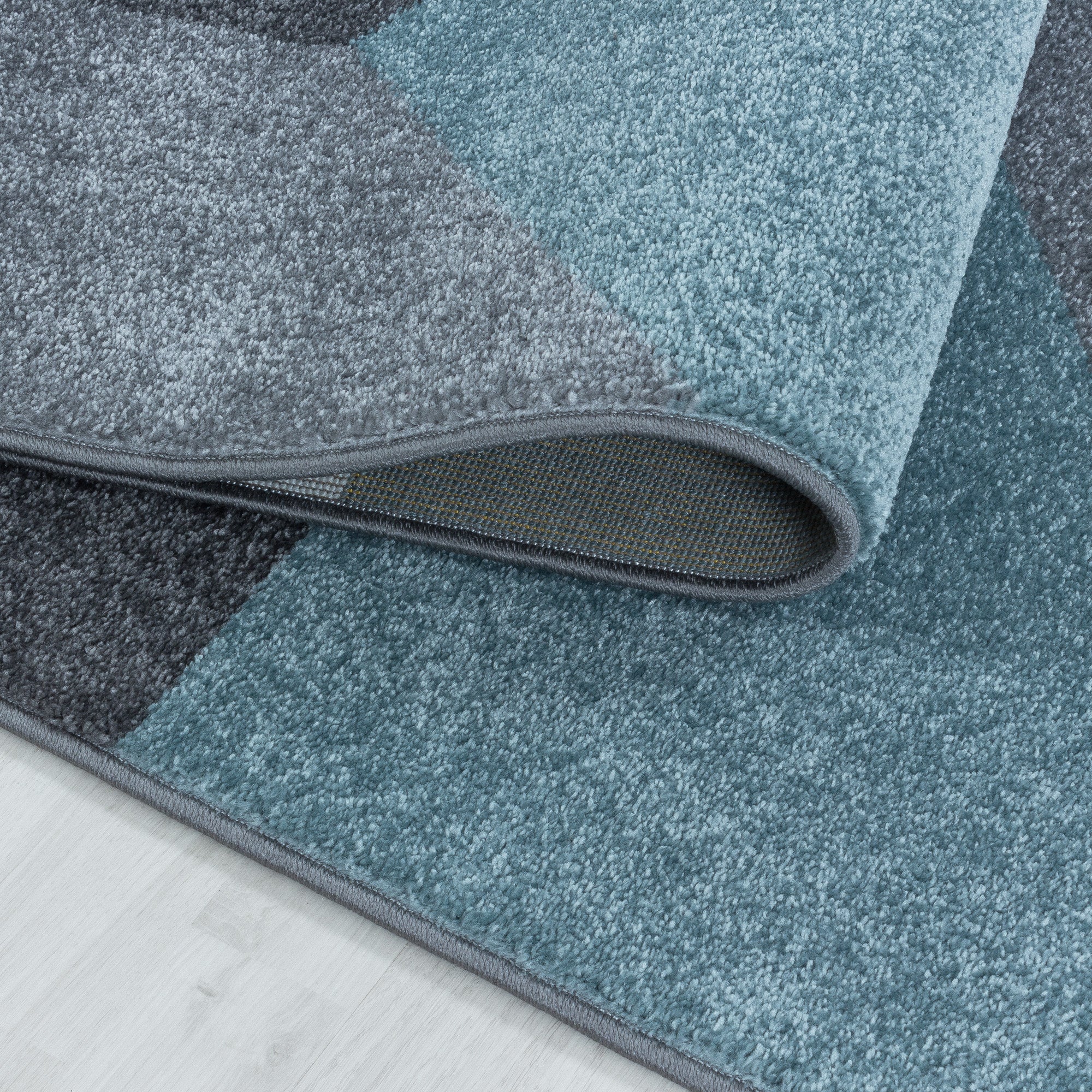 Kurzflor Teppich Blau Grau Muster Geometrisch Modern Wohnzimmerteppich Weich