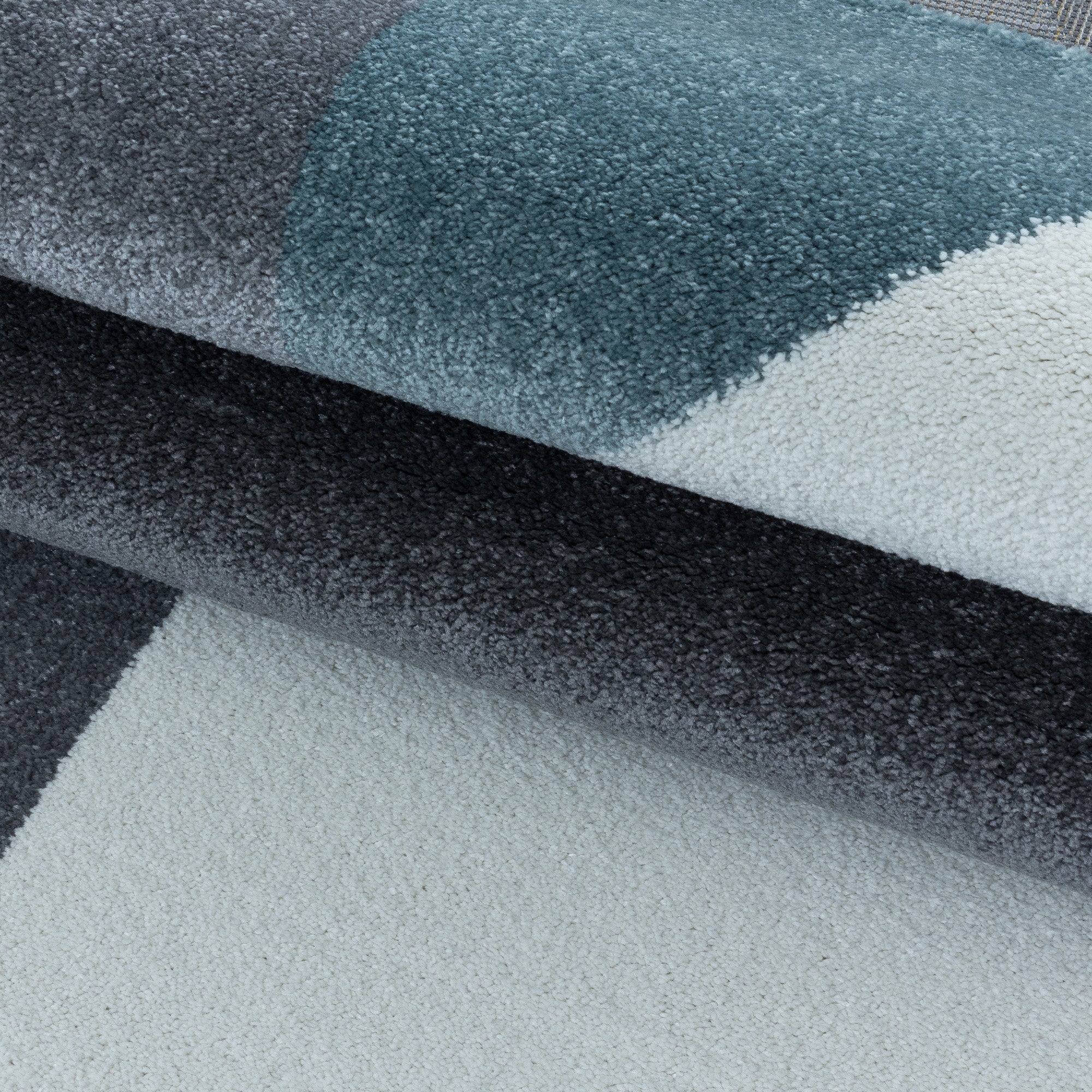 Kurzflor Teppich Blau Grau Muster Geometrisch Modern Wohnzimmerteppich Weich