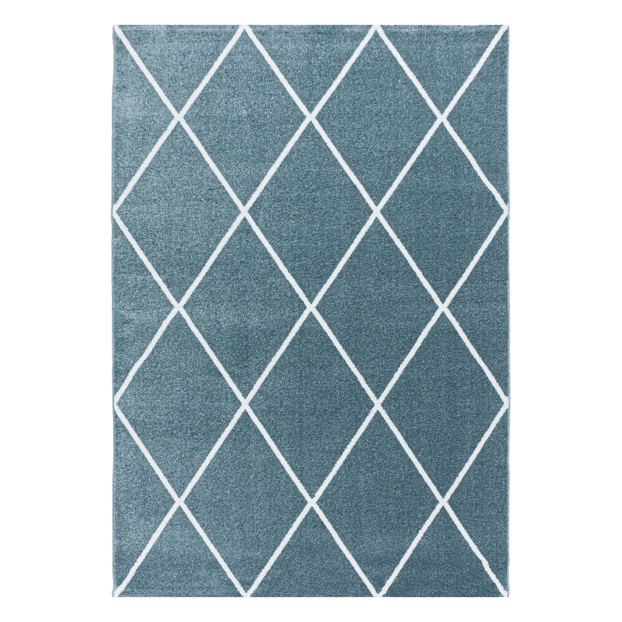 Kurzflor Teppich Blau Design Raute Modern Linien Wohnzimmerteppich Unifarben