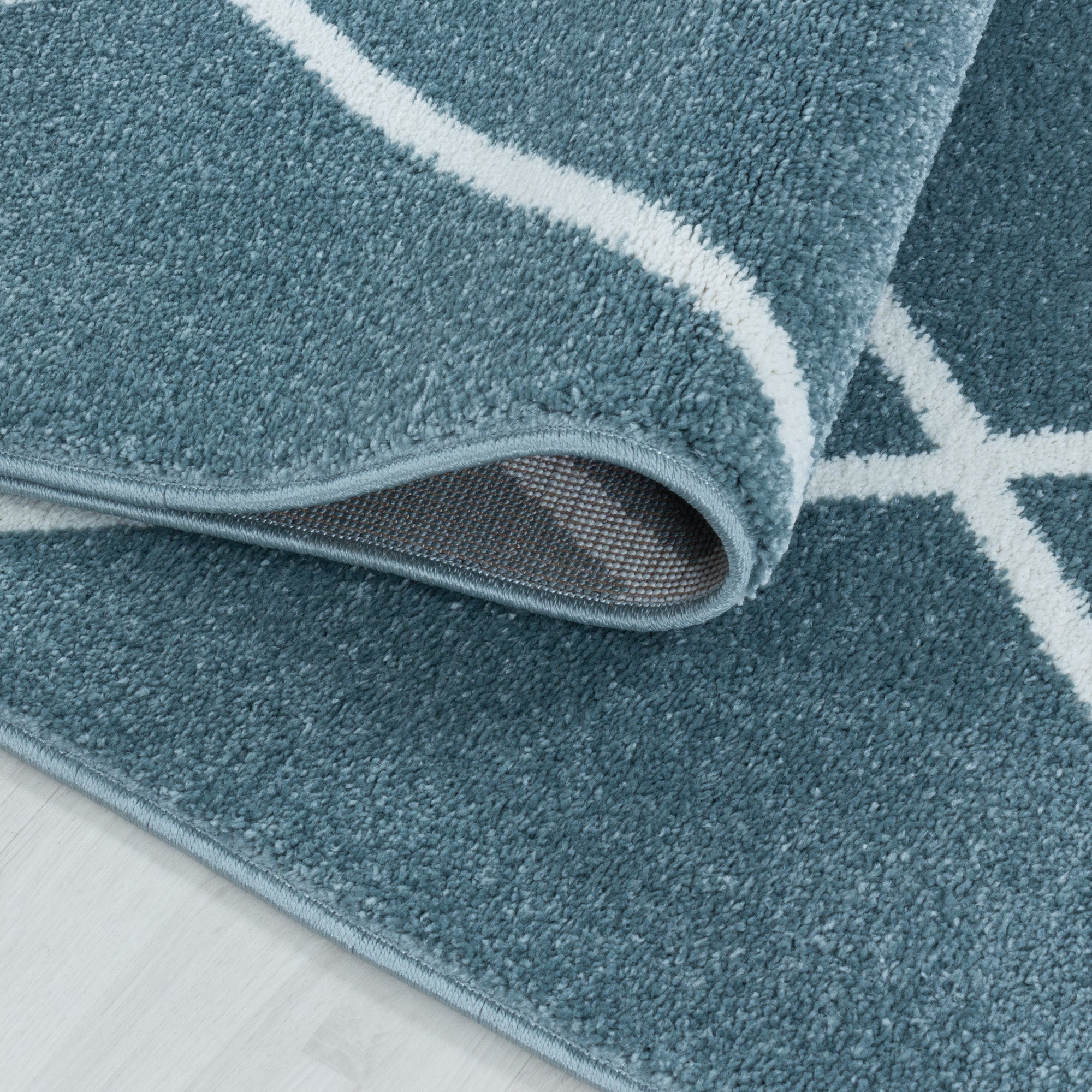 Kurzflor Teppich Blau Design Raute Modern Linien Wohnzimmerteppich Unifarben
