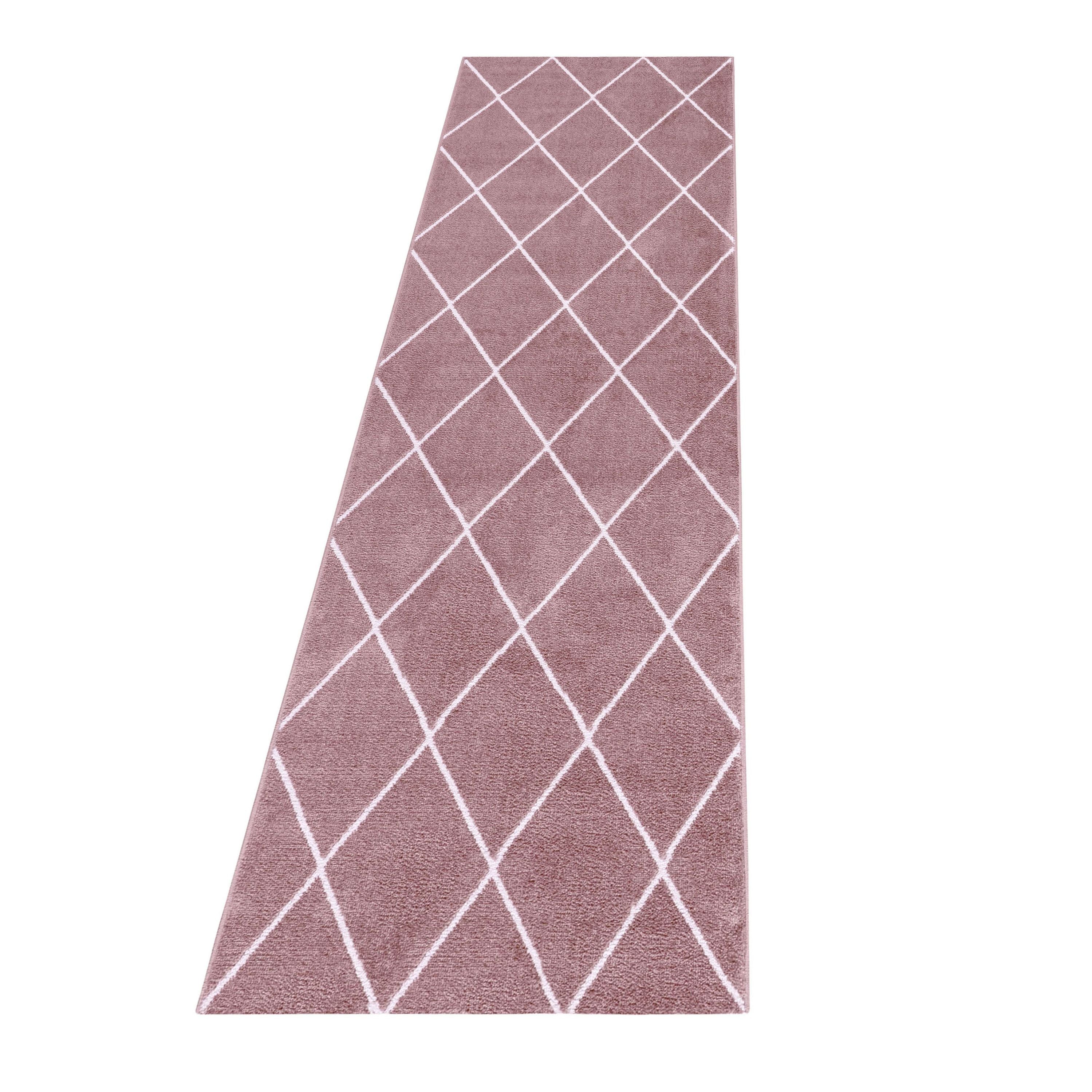 Kurzflor Teppich Bettset Rosa Design Raute Linien Wohnzimmerteppich Läuferset