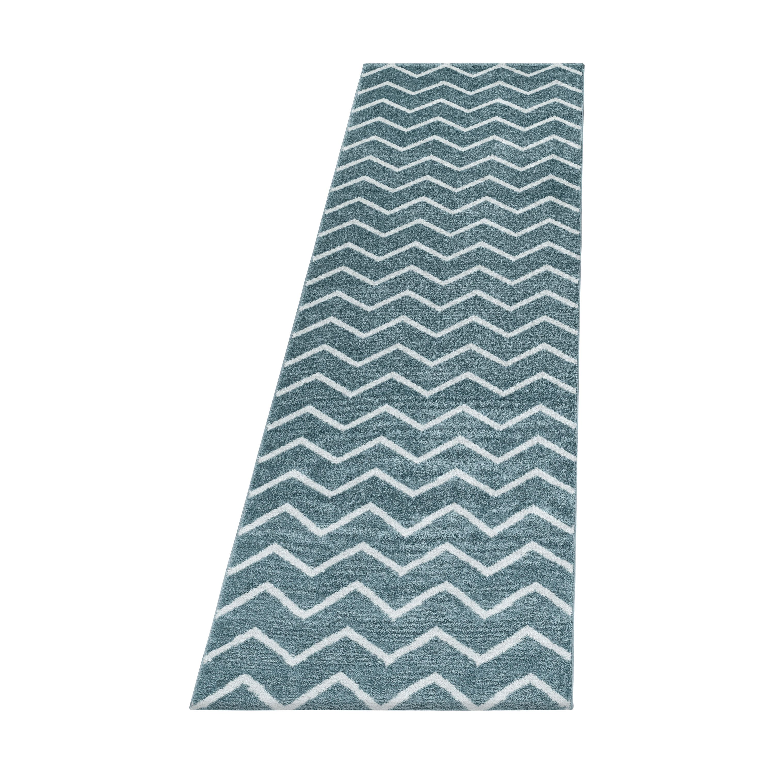 Kurzflor Teppich Bettset Blau Wellen Linien Design Wohnzimmerteppich Läuferset