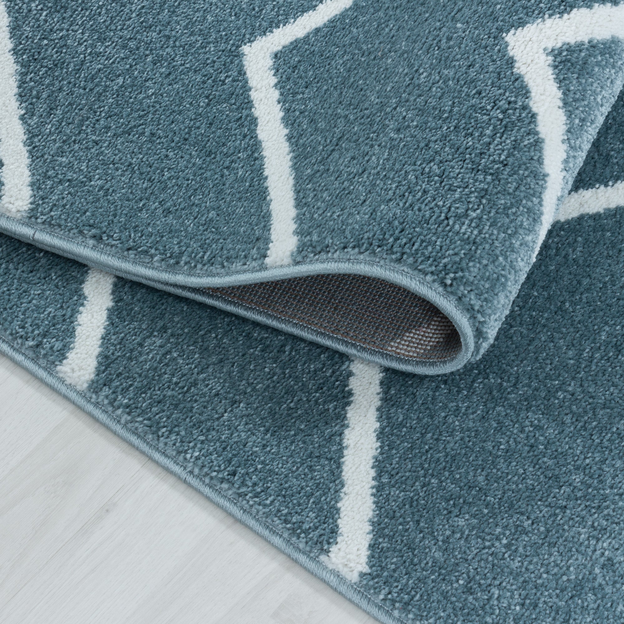 Kurzflor Teppich Bettset Blau Wellen Linien Design Wohnzimmerteppich Läuferset