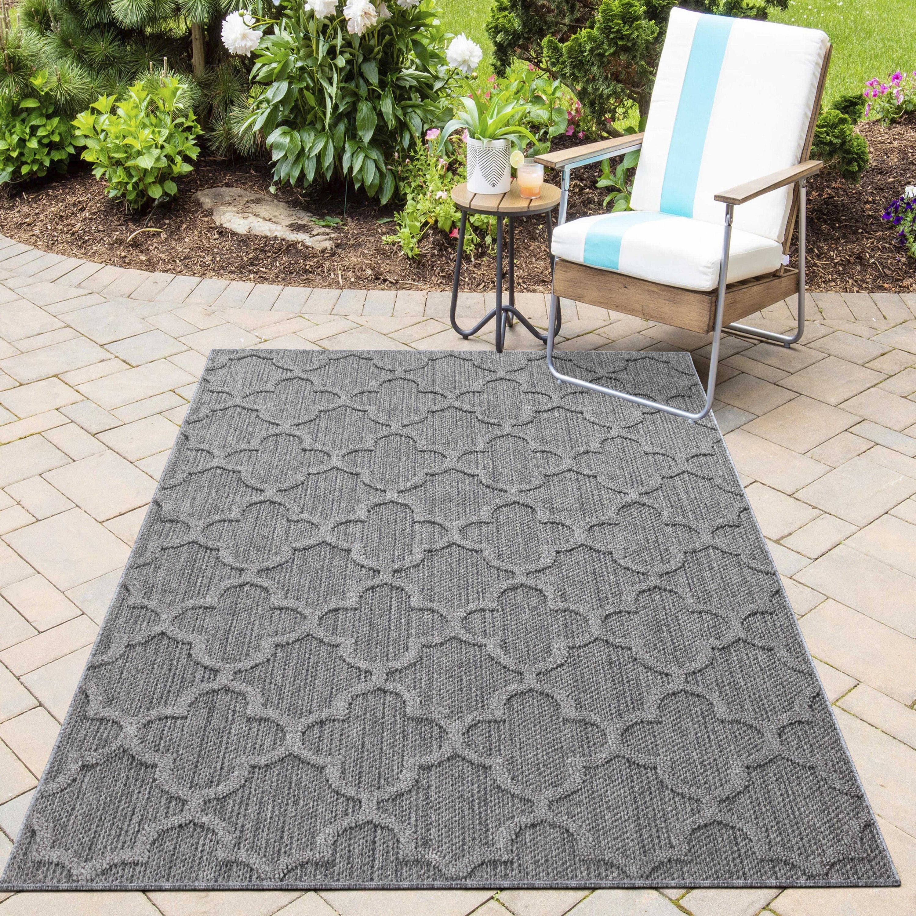 In- Outdoor Teppich Flachgewebt Sisal Optik Einfarbig 3D Marok Design Grau
