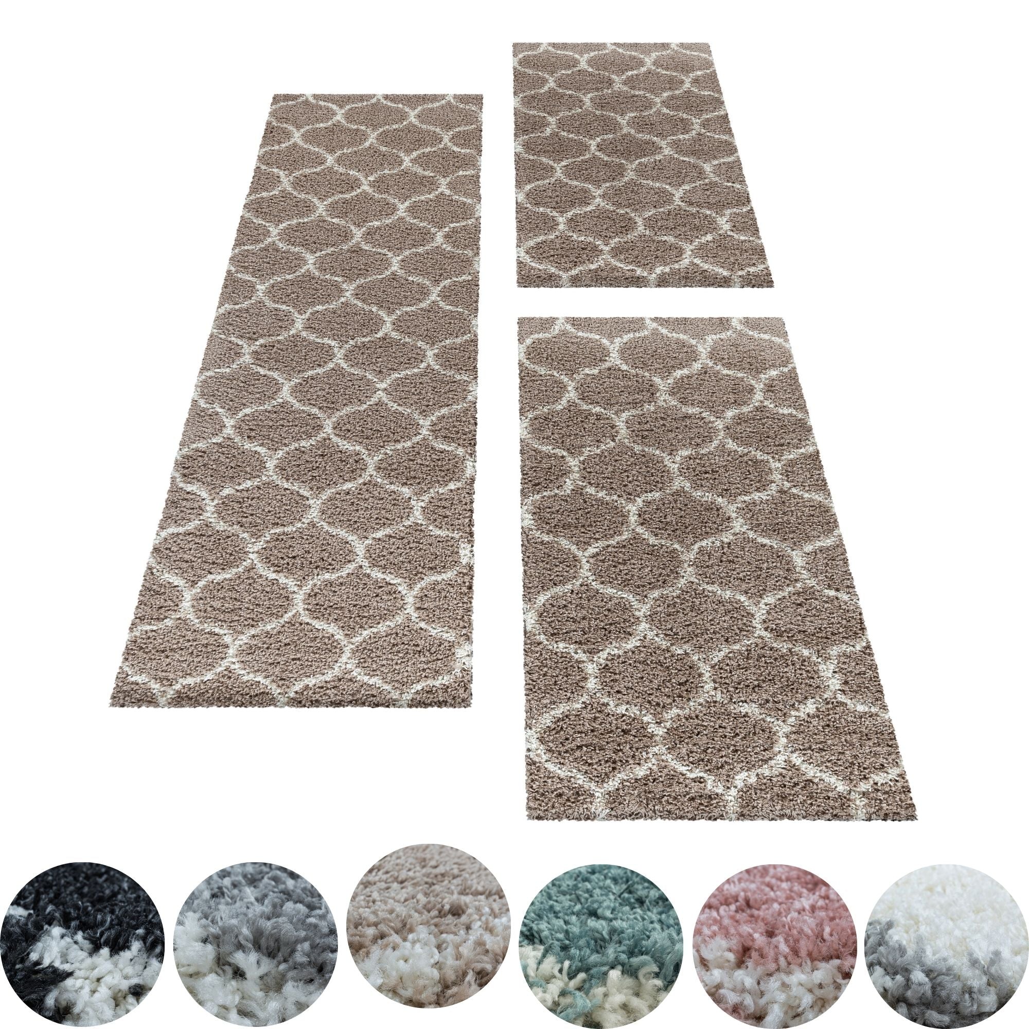Design Teppich Set Shaggy Läufer Läuferset Muster Kachel Tile Jacquard 3 Teile