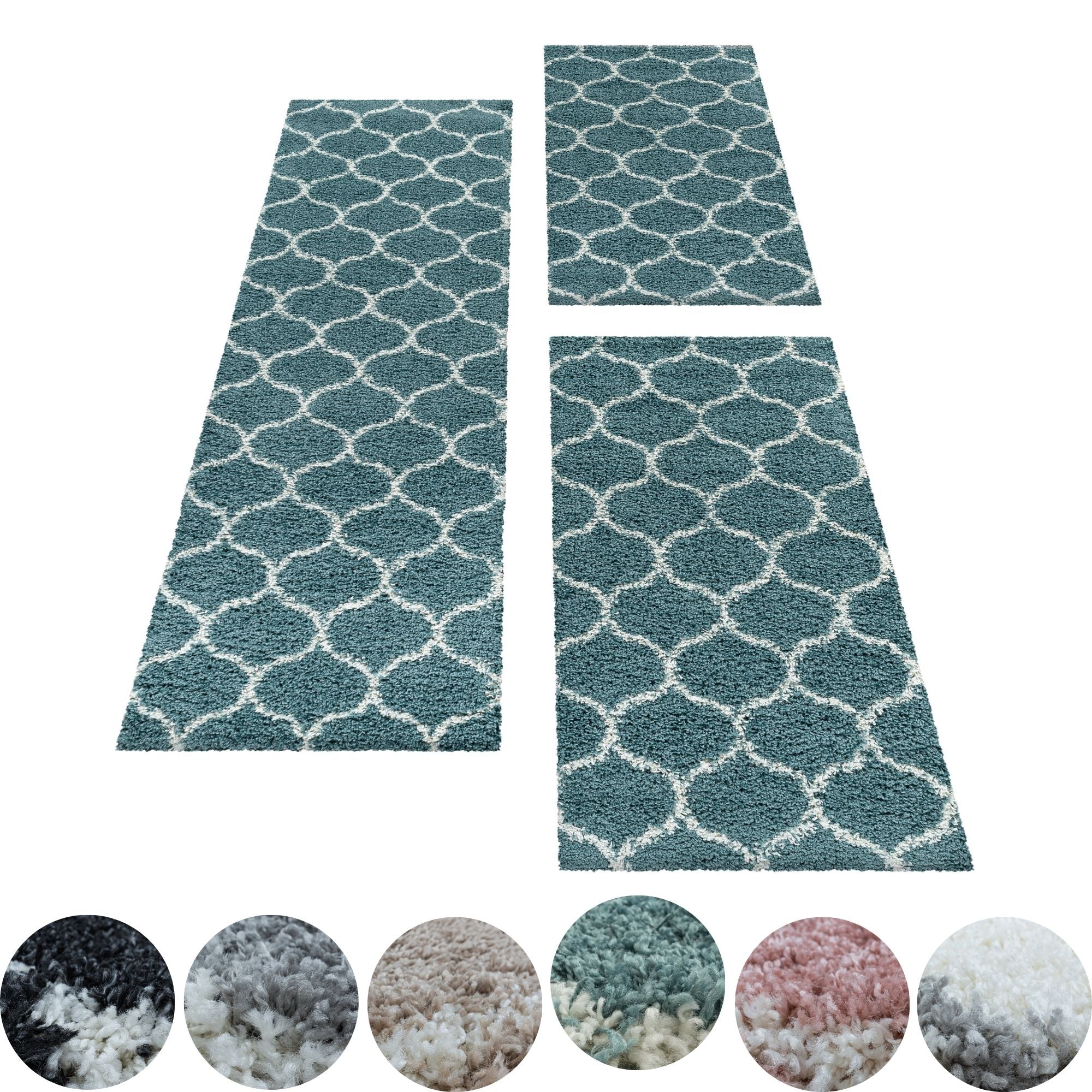 Design Teppich Set Shaggy Läufer Läuferset Muster Kachel Tile Jacquard 3 Teile