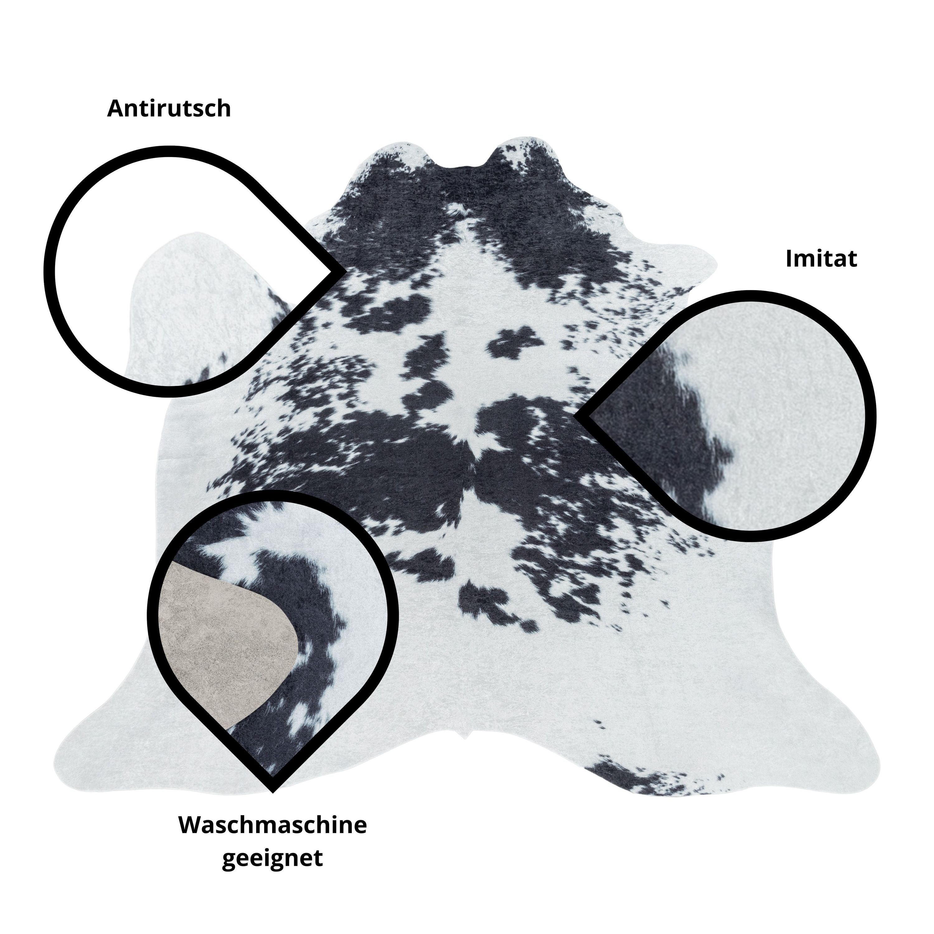 Teppich Flachgewebe Waschbar Wohnzimmerteppich Robust Rinder Fell Imitat Schwarz